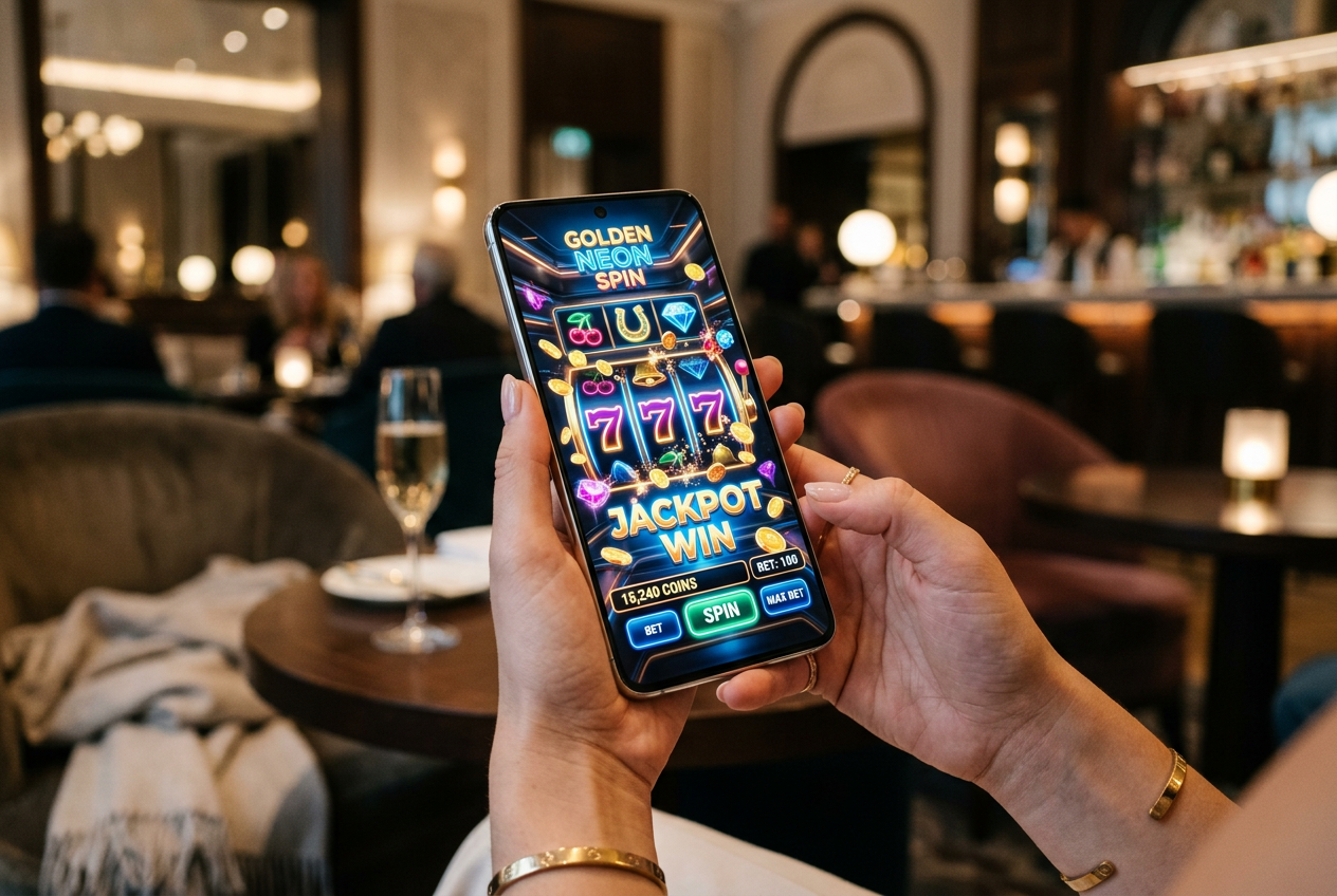 A person holding a premium smartphone displaying a colorful slot machine game