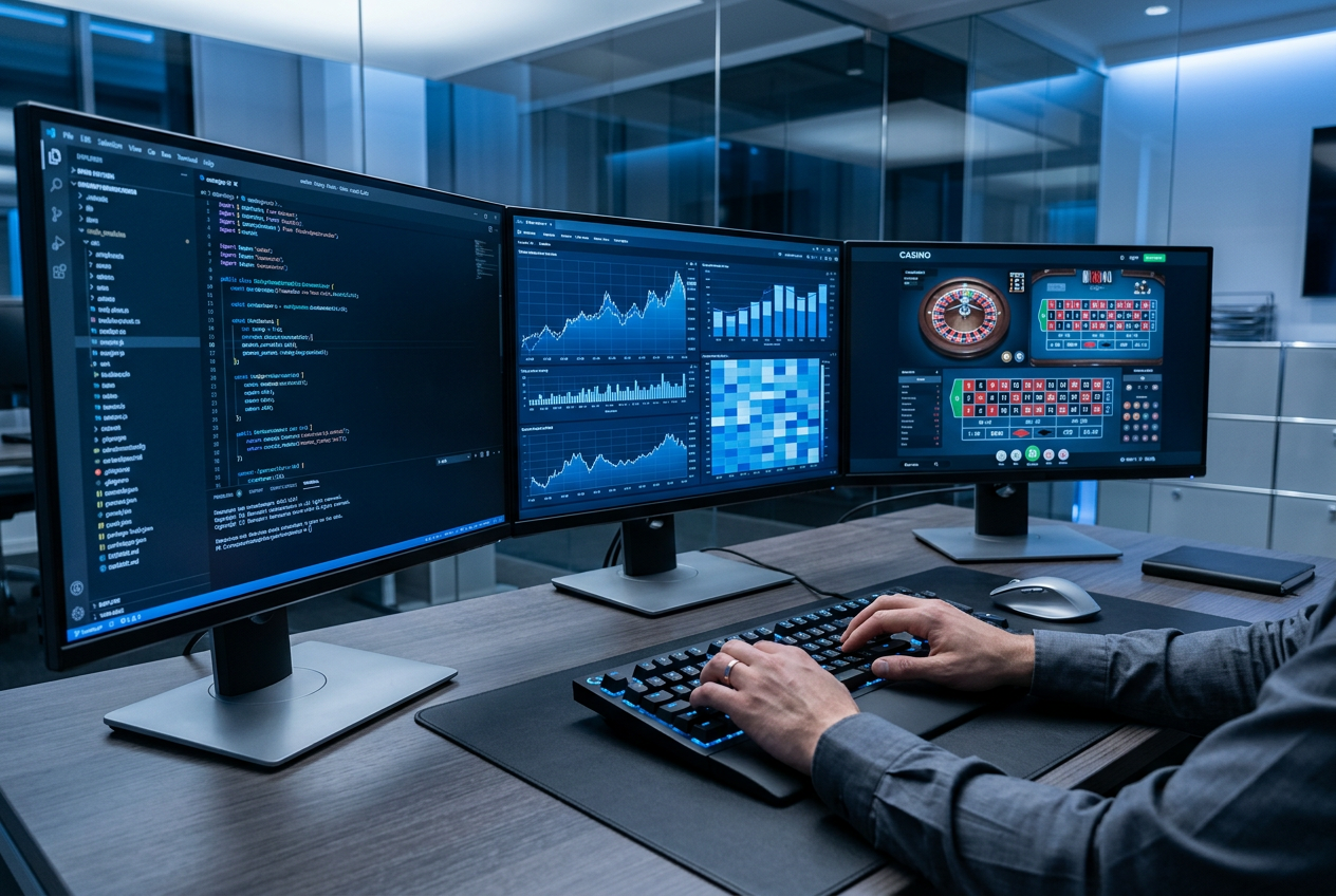 An analyst reviewing casino data on multiple screens