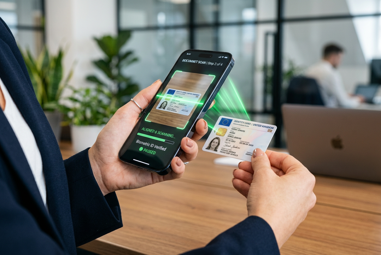 A person holding a phone for identity verification.