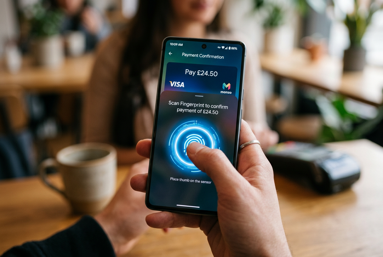 Mobile phone showing biometric authentication for a payment