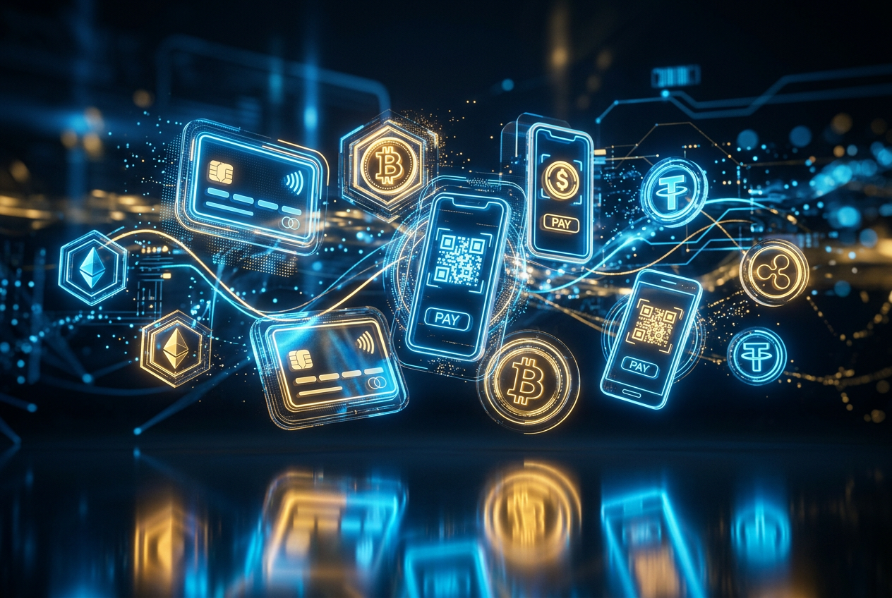 Zestawienie nowoczesnych ikon płatności cyfrowych i kryptowalut